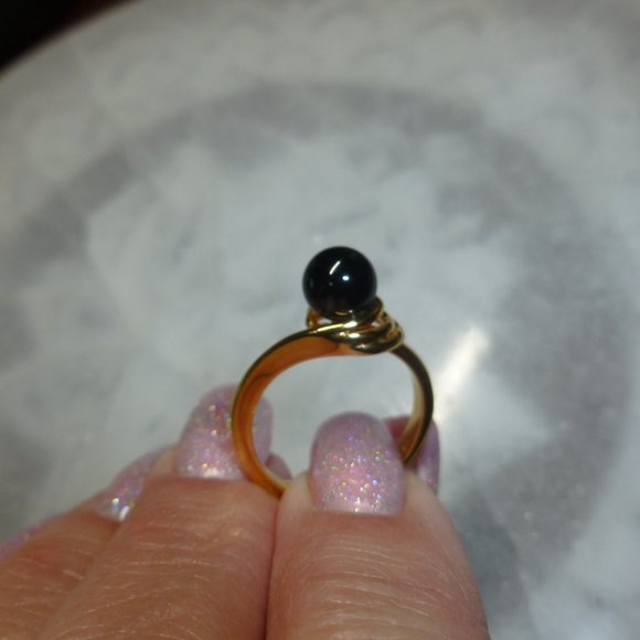 18k Yellow Gold Electroplate Black Onyx Dolphin Ore Ring - Picture 7 of 9